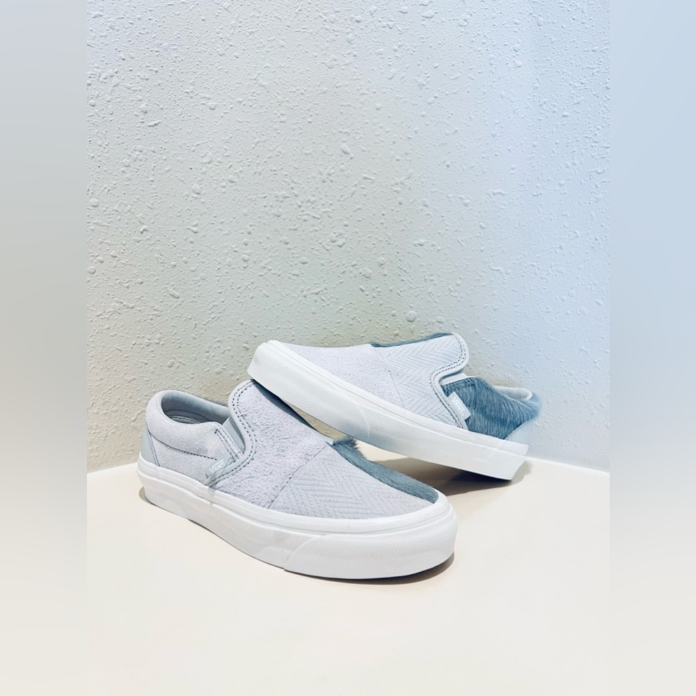Vans Unisex Slip On Leather Calf Hair Grey Patchwork Sneakers Sz W 6 M 4.5 NEW